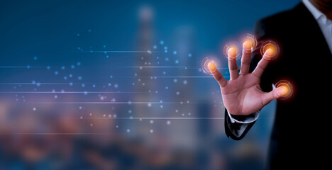 Businessman hand using fingerprint identification to access personal financial data, Fingerprint...