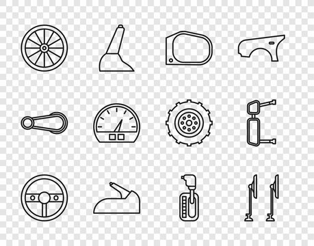 Set line Steering wheel, Windscreen wiper, Car mirror, handbrake, Speedometer, Gear shifter and Truck side icon. Vector