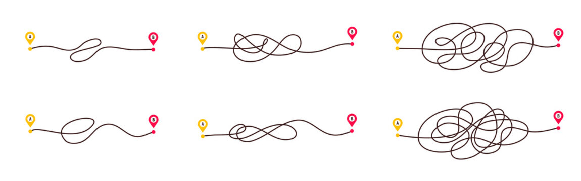 Complicated Way And Simple Path From Point A To B. Plans And Real Life Chaos Simplifying. Curved Dashed Line. Vector Illustration