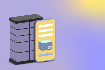 Isometric parcel station, parcel locker, postamat and smartphone with delivery application. 3D rendering illustration for contactless delivery design.