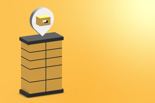 Isometric yellow parcel station, parcel locker, postamat with delivery box icon, symbol 3D rendering illustration for contactless delivery design.

