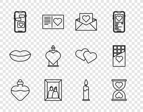 Set line Bottle with love potion, Heart in the center hourglass, Envelope Valentine heart, Picture frame, Mobile, Burning candle and Chocolate bar icon. Vector