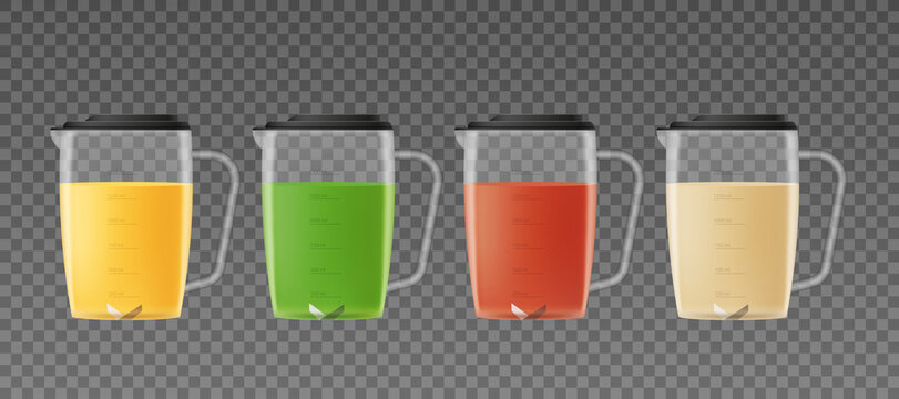 Juice in a mug from a blender. Blender, set of 3d realistic vector illustrations on a transparent background.