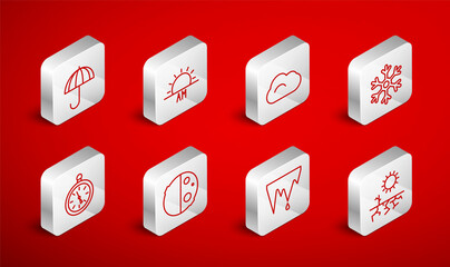 Set line Drought, Sunrise, Cloud, Snowflake, Icicle, Umbrella, Eclipse of the sun and Compass icon. Vector