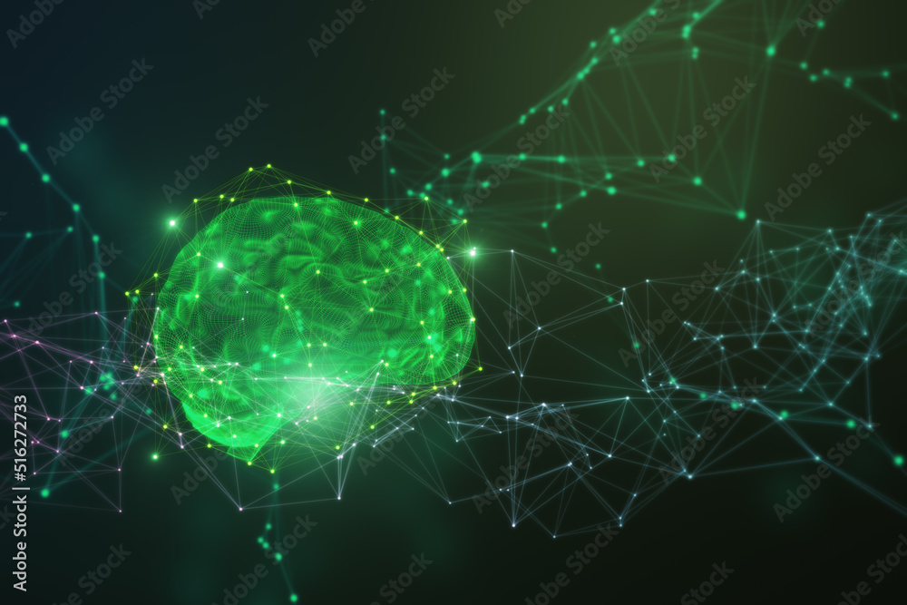 Poster Abstract green polygonal brain hologram. AI and machine learnign concept. 3D Rendering.