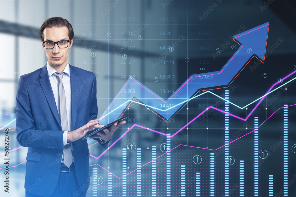 Poster businessman using tablet with abstract growing business arrow and chart on blurry office interior ba