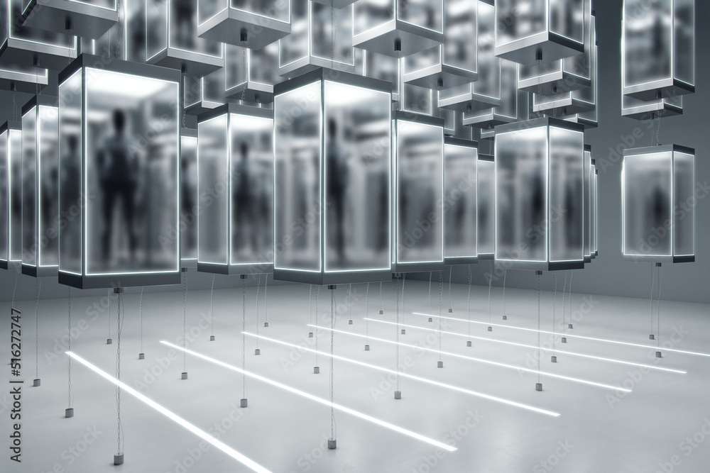 Poster Abstract matrix room with hackers in incubators on blurry background. Crime and cyberspace concept.