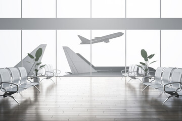 Creative airport waiting area interior with reflections on floor, decorative plants, benches, window with aircraft view and daylight. 3D Rendering.