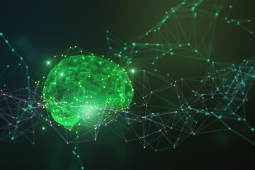 Abstract green polygonal brain hologram. AI and machine learnign concept. 3D Rendering.