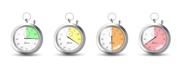 Set of four realistic gray stopwatches, arrows point to different numbers