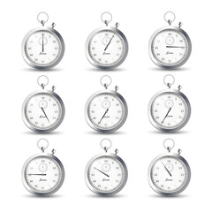 Set metal stopwatch, vector flat illustration on white background. On clock - minutes, seconds from start to finish.