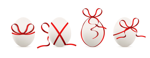 Easter eggs tied with red ribbons set, realistic vector illustration isolated.