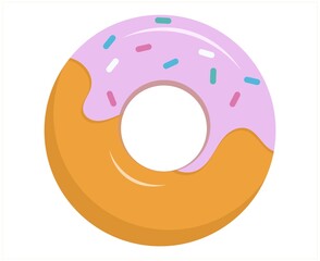 Cute cartoon donut. Isolated flat product. Bagel with pink icing and sprinkles. Donut or bagel icon. Bakery symbol, delicious appetizing pastries. Logo concept. Vector design on a white background.