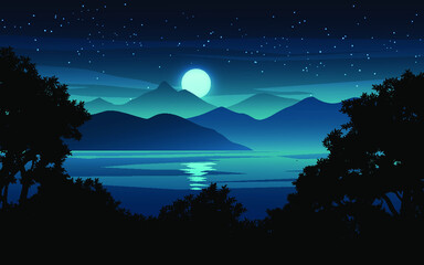 Obraz na płótnie Canvas night landscape at lake with moon and stars