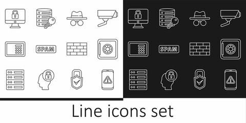 Set line Mobile with exclamation mark, Safe, Incognito mode, Spam, Lock computer monitor, Firewall, security wall and Server key icon. Vector