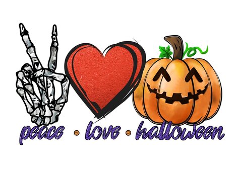 Peace Love Halloween illustration, Pumpkin T-shirt, Skeleton Hand illustration