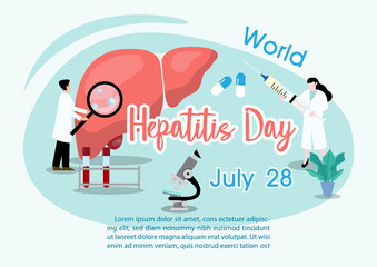 Concept of hepatitis A, B, C, D, and world hepatitis day campaign's poster with doctors treat the liver in flat style and vector design.