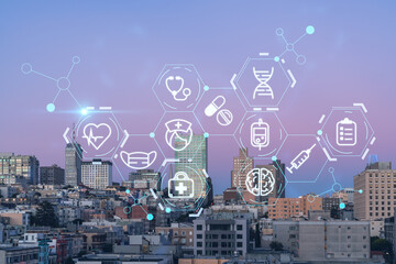 Panoramic cityscape view of San Francisco Nob hill area, sunset, midtown skyline, California, United States. Health care digital medicine hologram. The concept of treatment and disease prevention