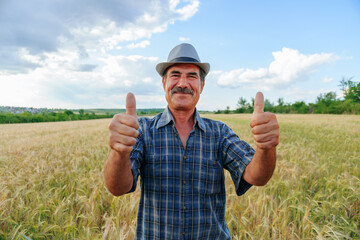 Elderly farmer man with mustache shows thumb up, looking at camera. - obrazy, fototapety, plakaty