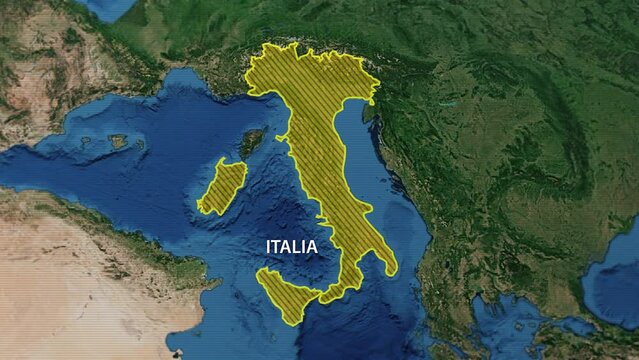 Drawing the borders of the state of Italy on the map. Approaching from outer space