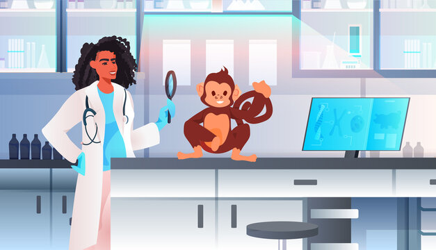scientist doing experiments in lab woman veterinary worker with experimental monkey biological genetic engineering research