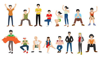 Fototapeta na wymiar Cartoon character style of teenage person visitors and supporters. Personalities both sitting and standing in different poses in different outfits. layering on isolated white background.