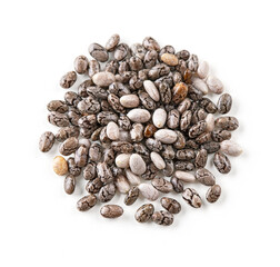 Pile of chia seeds isolated on a white background. Closeup chia seeds top view with clipping path.