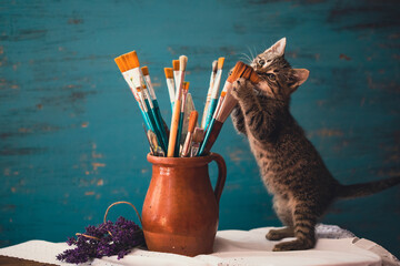 Still life brushes, lavender and little gray kitten