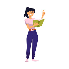 Young woman with green book explains topic flat style, vector illustration