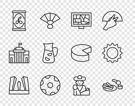 Set line Gate of Europe, Churros and chocolate, Picture art, Football ball, Olives in can, Sangria, Bullfight, matador and Sun icon. Vector