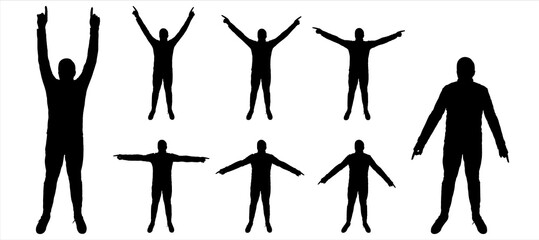 A guy in a tracksuit, and sports shoes. People do physical exercises. The man raises his arms up to the sides. Fitness. Group sports. Full face. Eight black male silhouettes isolated on white