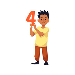 Smiling boy character holding orange number four flat style