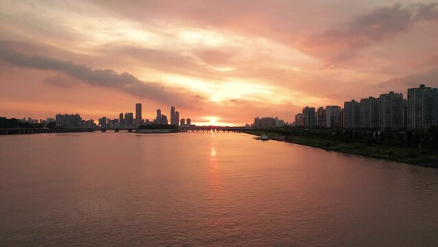 Dramatic Aerial Drone Sunset Over Han River in Seoul Korea