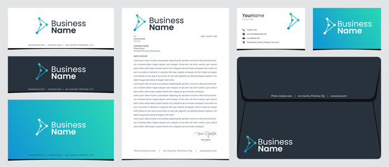 Technology delivery logo with initials P with stationery, business card and social media banner designs