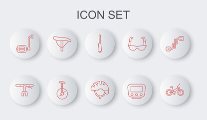 Set line Bicycle, handlebar, Screwdriver, speedometer, pedal, seat, Unicycle or one wheel bicycle and helmet icon. Vector © vector_v