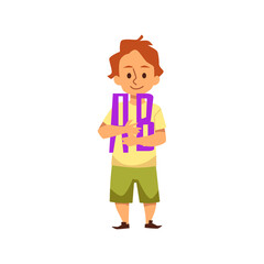 Kindergarten boy holds A and B letters, kid studying alphabet - flat vector illustration isolated on white background.