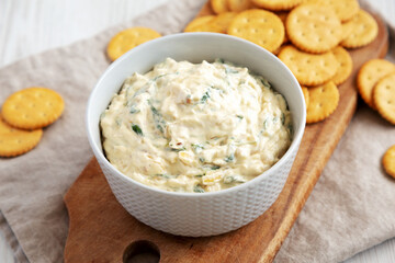 Homemade Caramelized Onion and Spinach Dip with Salty Round Crackers, side view. Close-up.
