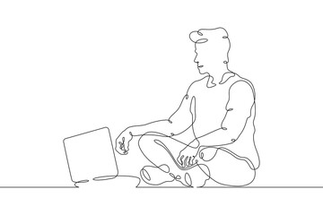 One continuous line. A man works at a computer. A male character is sitting at a laptop. Work with mobile Internet. Freelance and online education. One continuous line is drawn on a white background.