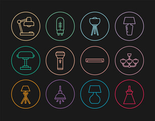 Set line Lamp hanging, Chandelier, Floor lamp, Flashlight, Table, Fluorescent and Light emitting diode icon. Vector