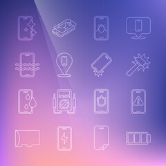 Set line Battery, Mobile with exclamation mark, Hammer, System bug mobile, Phone repair service, Waterproof phone, Glass screen protector and Shockproof icon. Vector