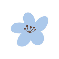 Fototapeta na wymiar Cute blue flower isolated on white background. Vector illustration in hand-drawn flat style. Perfect for cards, logo, decorations, spring and summer designs. Botanical clipart.