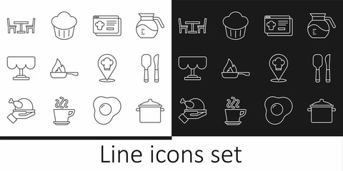 Set line Cooking pot, Knife and spoon, Online ordering delivery, Frying pan, Wooden table, with chair, Chef hat location and Cupcake icon. Vector