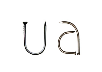 The two-letter code of Ukraine (UA) made of iron nails on a white background.