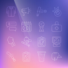 Set line Baseball helmet, base, First aid kit, bat with, Calendar baseball game, Speech bubble chat, t-shirt and Award cup icon. Vector