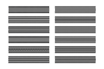 Auto tire tread seamless elements. Car tire patterns, wheel tyre tread track. Tyre print. Set of vector illustrations isolated on white background.