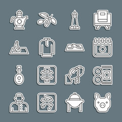 Set line Pig, Traditional carpet, Ramadan calendar, Mosque tower or minaret, Shirt kurta, Muslim man prays, Islamic teapot and icon. Vector