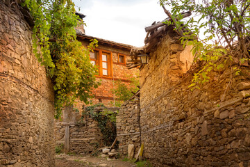 Autumnal scenery with old traditional houses in Leshten, Rhodope mountains, Bulgaria