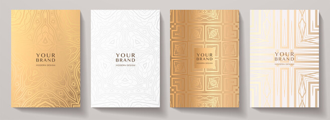 Luxury premium cover design set. Abstract background with gold, silver, white line pattern. Royal vector template for vertical menu, brochure, flyer layout, lux invite card