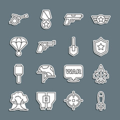 Set line Rocket launcher, Jet fighter, Police badge, Pistol or gun, Parachute, Howitzer and Shovel icon. Vector