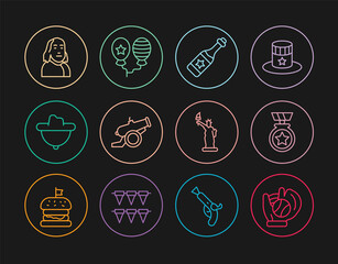 Set line Baseball glove with ball, Medal star, Champagne bottle, Cannon, Western cowboy hat, Benjamin Franklin, Statue of Liberty and Balloons icon. Vector